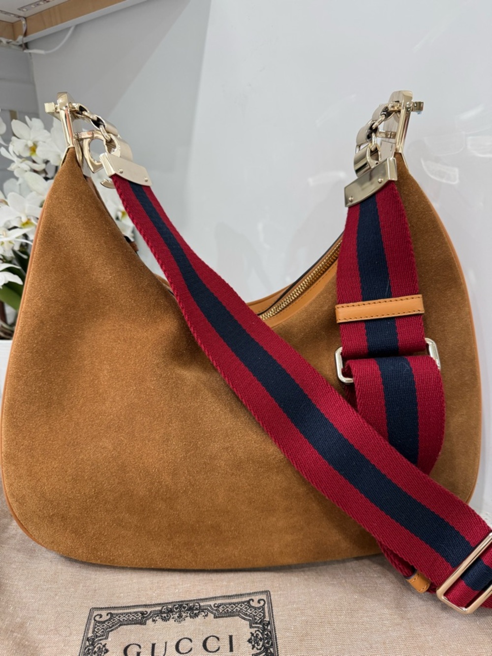 Gucci Camel Suede Shoulder Bag with Red & Navy Web Strap